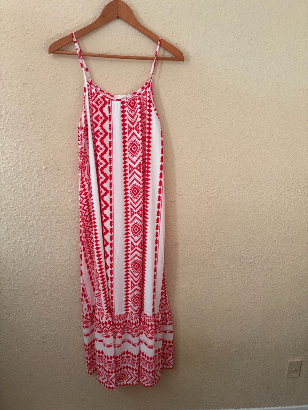 Red and White Printed Maxi Dress with Spaghetti Straps